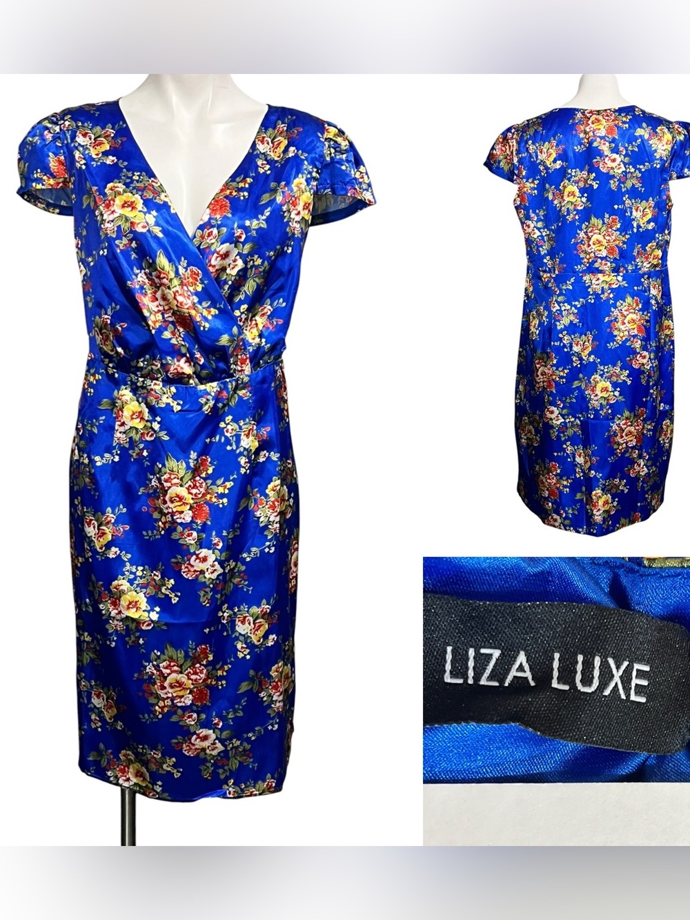 Liza Luxe ModCloth dress 1x Blue Floral faux Wrap knee length satin‎ cap